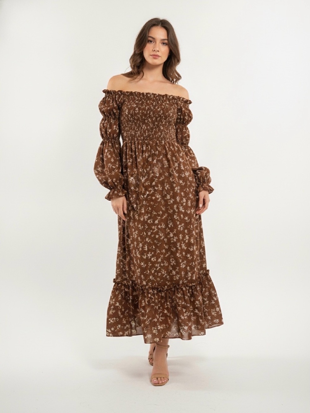 Nordstrom Brown Floral Off-Shoulder Maxi Dress